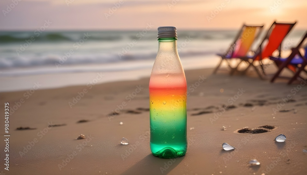 A glass drink bottle positioned on a sandy beach at sunset, capturing the serene beauty of a relaxing seaside moment. A glass drink bottle positioned on a sandy beach at sunset, capturing the serene beauty of a relaxing seaside moment.