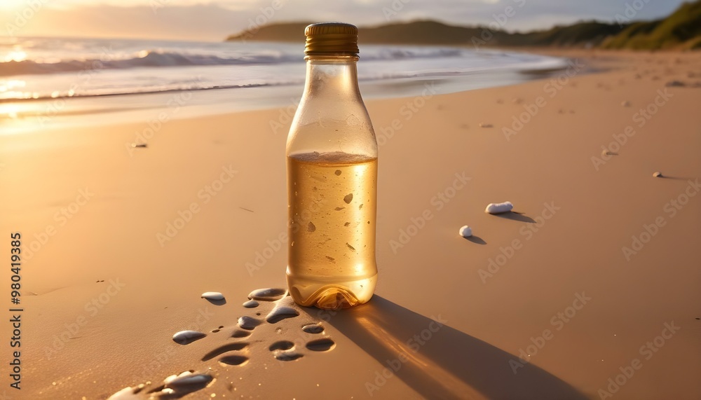 A glass drink bottle positioned on a sandy beach at sunset, capturing the serene beauty of a relaxing seaside moment. A glass drink bottle positioned on a sandy beach at sunset, capturing the serene beauty of a relaxing seaside moment.