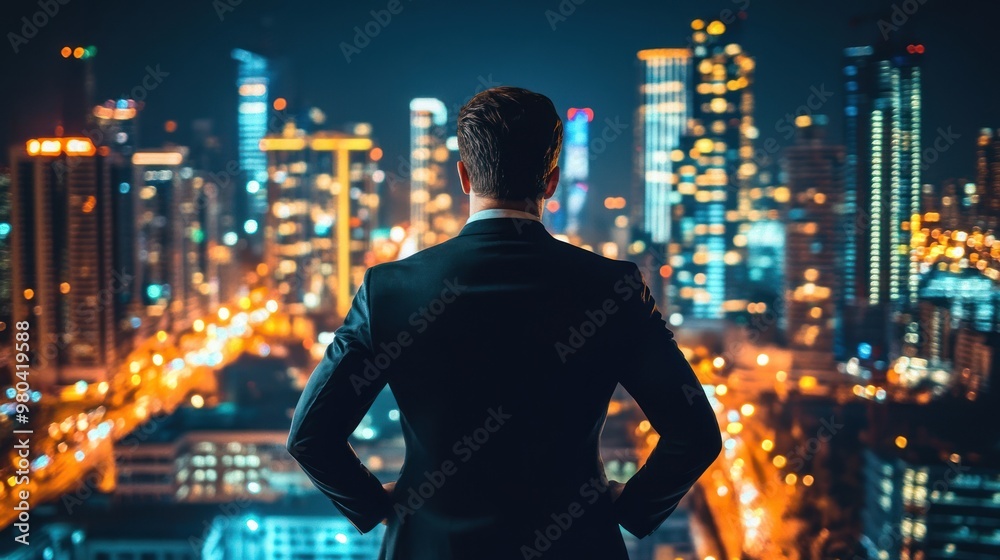A confident businessman in a sleek suit overlooking a modern cityscape at night, illuminated by glowing skyscrapers and vibrant street lights Close-up photo with clean background A confident businessman in a sleek suit overlooking a modern cityscape at night, illuminated by glowing skyscrapers and vibrant street lights Close-up photo with clean background
