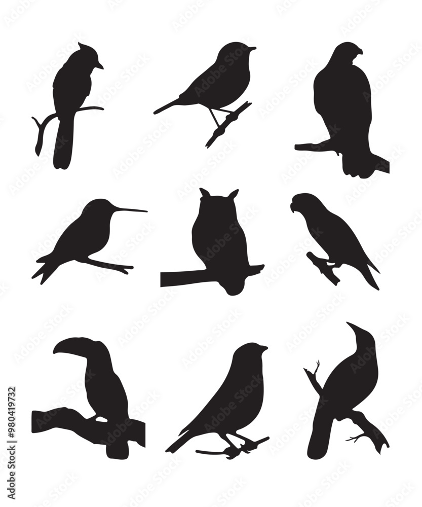 Naklejka premium Birds on branch silhouette set