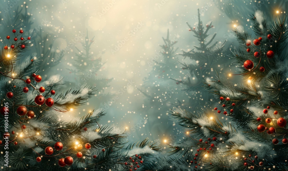 Amidst a winter wonderland, evergreen trees adorned with bright red berries and twinkling lights create a magical atmosphere in a snowy forest during the holiday season Amidst a winter wonderland, evergreen trees adorned with bright red berries and twinkling lights create a magical atmosphere in a snowy forest during the holiday season