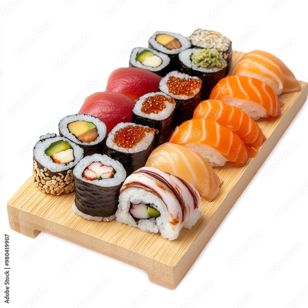 A set of sushi rolls and sashimi arranged on a wooden sushi board