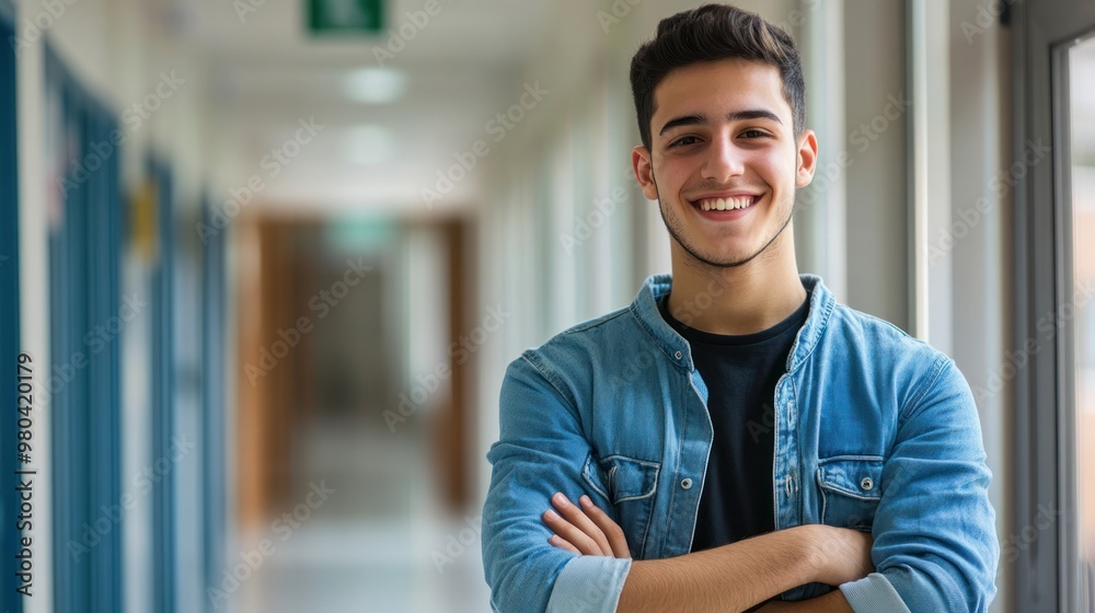 A confident student with arms crossed, smiling in a school corridor Close-up photo with clean background