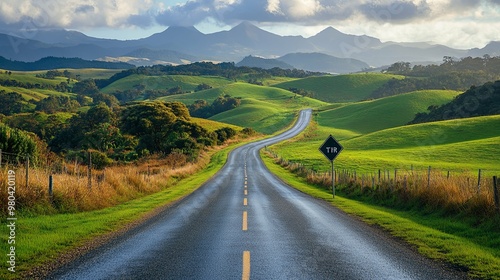 Winding Road Through Rolling Green Hills with Mountain Range in Background