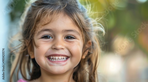 A young girl with long, light brown hair smiles brightly.