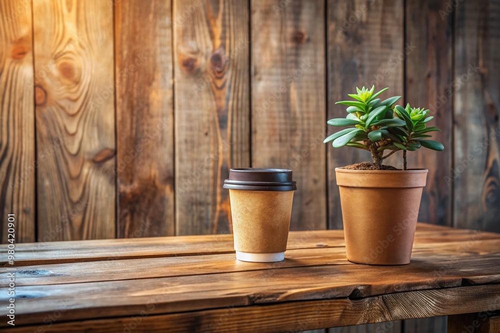 Cozy rustic wooden table with small potted plant in vase, empty space, and takeaway coffee cup, perfect for greeting card design or marketing materials. Cozy rustic wooden table with small potted plant in vase, empty space, and takeaway coffee cup, perfect for greeting card design or marketing materials.