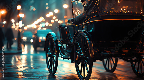 Elegant black carriage under city streetlights. photo