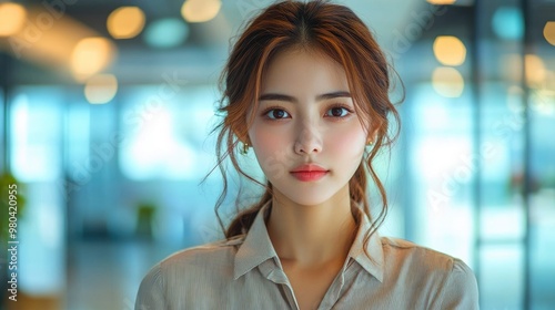 Confident Asian Businesswoman Looking Directly at Camera