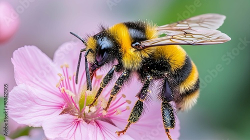 A Bumblebee Gathering Pollen on a Pink Flower