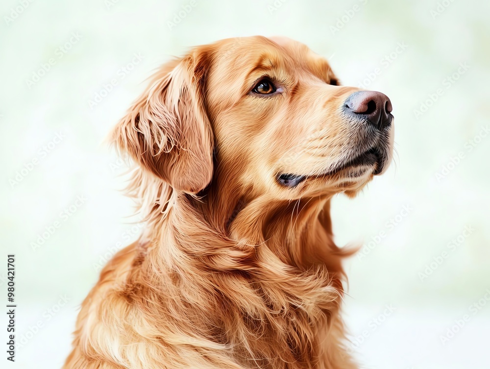 Fototapeta premium Portrait image of Golden Retriever dog, looking up with a curious expression.