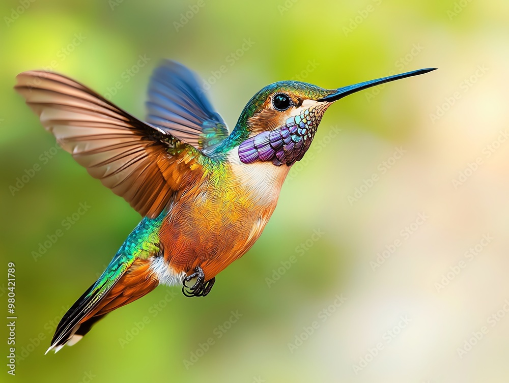 Fototapeta premium A flying hummingbird in vibrant, showcasing its iridescent plumage against a blurred green background.