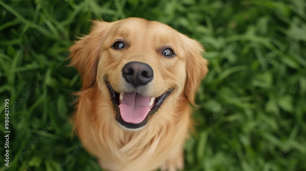 Joyful golden retriever smiling in verdant spring landscape for posters and cards Joyful golden retriever smiling in verdant spring landscape for posters and cards