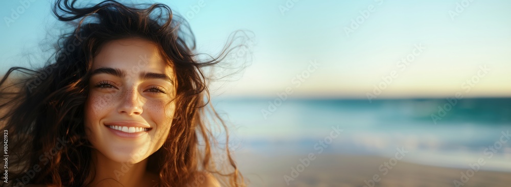 Joyful summer breeze: close-up beach portrait of smiling woman with flowing hair for poster or card Joyful summer breeze: close-up beach portrait of smiling woman with flowing hair for poster or card