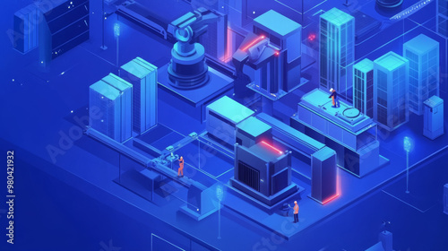  Digital management technology in the production sector enhances the optimization of maintenance centers. Contemporary isometric intelligent factory production equipment. Isometric vector graphic.