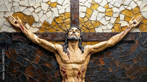 Split Panel Depicting Jesus with Cross in Rich Textures and Colors