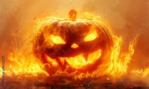 A fiery Halloween pumpkin gleams menacingly in the dark, surrounded by swirling flames and an eerie glow, capturing the essence of a spooky autumn night celebration photo