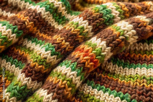 Vibrant multicolor knitted wool fabric with earthy tones of brown, beige, and green creates a cozy and textured background with a natural handmade look.