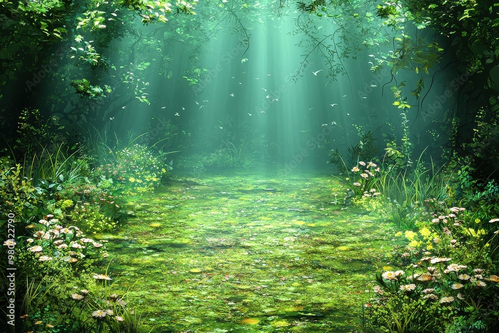 Enchanted forest with lush greenery, sunbeams, and a serene pond Enchanted forest with lush greenery, sunbeams, and a serene pond