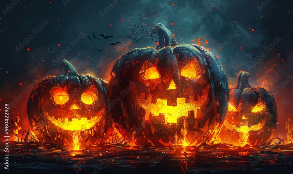 Glowing jack-o'-lanterns illuminate a dark night, surrounded by eerie flames and shadows, creating a chilling atmosphere for Halloween celebrations Glowing jack-o'-lanterns illuminate a dark night, surrounded by eerie flames and shadows, creating a chilling atmosphere for Halloween celebrations
