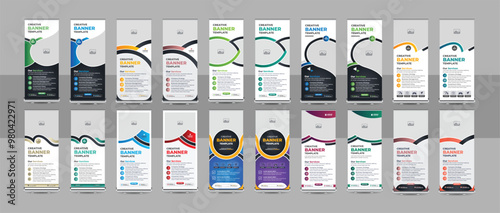 Business rollup banner template set, pull up, display banner, x-banner vector, flag-banner design bundle template or Roll up banner stand for your company photo