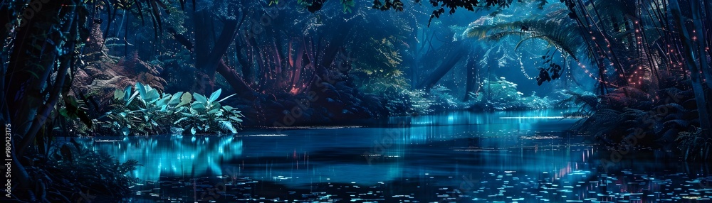 Fototapeta premium Enchanting Bioluminescent Forest Scene with Glowing Plants and Vibrant Reflections