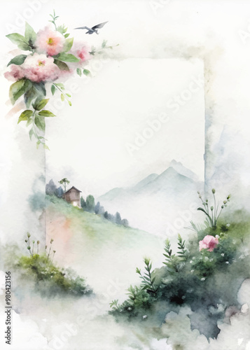 A watercolor painting of a mountain landscape with a house in the foreground