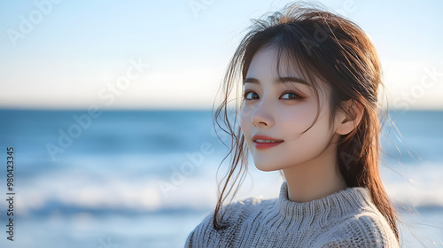 Beautiful casual Asian girl in knitted sweater dreamily looking away by the sea photo