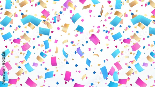 A seamless pattern of blue, pink and gold confetti on a white background.