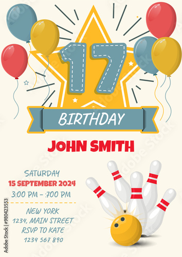 Children's birthday invitation card with bowling ball and pins. Vector illustration.  17 st