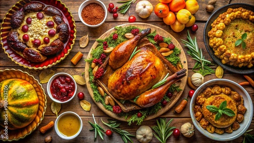 Wallpaper Mural Vibrant overhead view of a meticulously set Thanksgiving table featuring a succulent roasted turkey, savory stuffing, rich gravy, tangy cranberry sauce, and decadent pumpkin pie. Torontodigital.ca