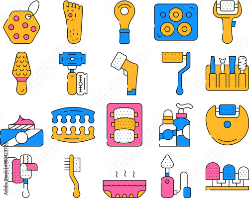 Callus Remover Tool Collection Icons Set Vector. Callus Remover And Adhesive Plaster Accessories For Treatment Foot And Fingers color Contour Illustrations