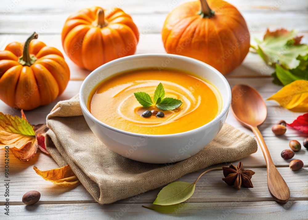 Warm and inviting autumnal delight featuring a richly colored pumpkin cream soup in a shallow bowl, perfectly placed on a crisp white background. Warm and inviting autumnal delight featuring a richly colored pumpkin cream soup in a shallow bowl, perfectly placed on a crisp white background.
