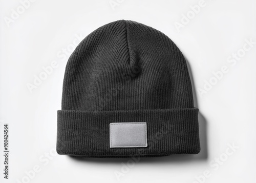 A stylish black beanie  mockup hat with a blank white label isolated on a plain background, perfect for adding your brand logo.