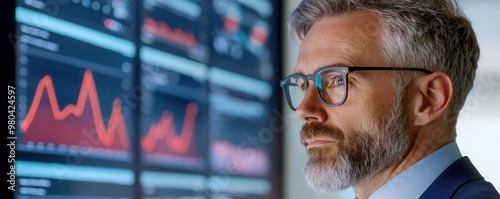 Businessman reviewing digital credit reports on a large interactive screen, emphasizing advanced financial analytics