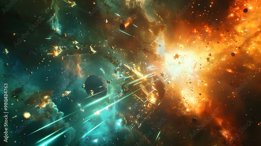 Explosive Space Battle Between a Fleet of Futuristic Starships in the ...