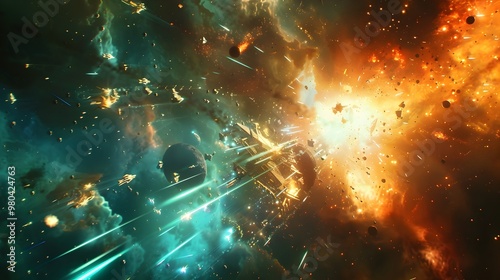 Explosive Space Battle Between a Fleet of Futuristic Starships in the Dark Void of the Cosmos photo