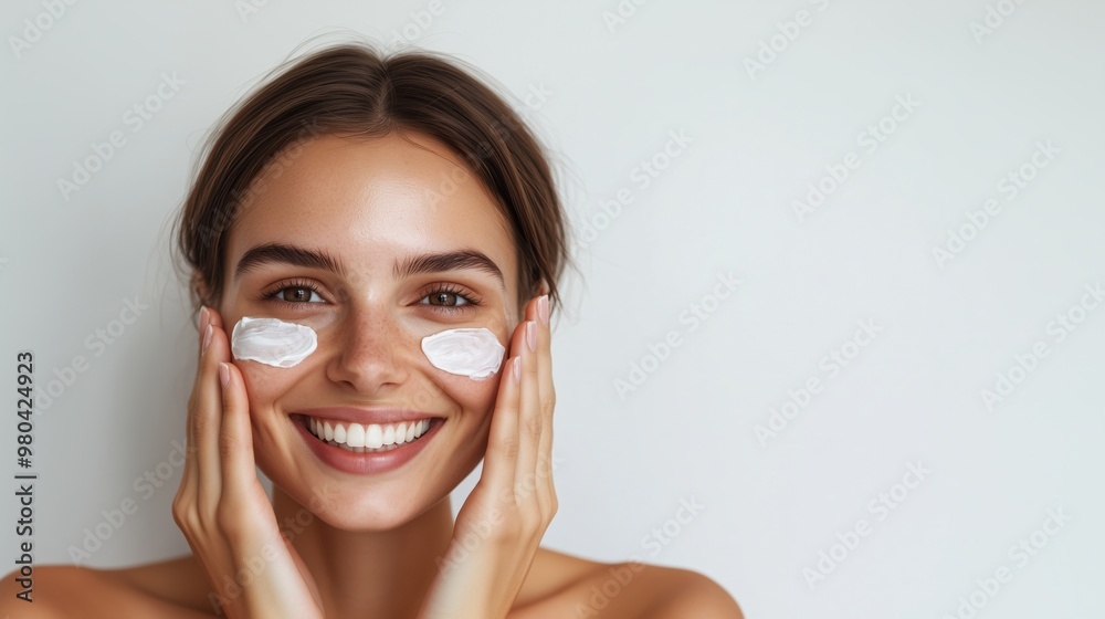 Refreshing skincare routine: smiling woman applying cream for rejuvenating beauty and hydration Refreshing skincare routine: smiling woman applying cream for rejuvenating beauty and hydration