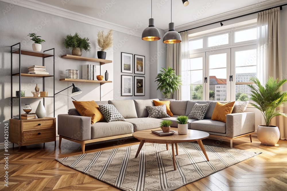 Stylish and Scandinavian living room interior of modern apartment with sofa Stylish and Scandinavian living room interior of modern apartment with sofa