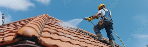 Roof cleaning concept: worker in overalls and helmet washing roof for maintenance and safety use