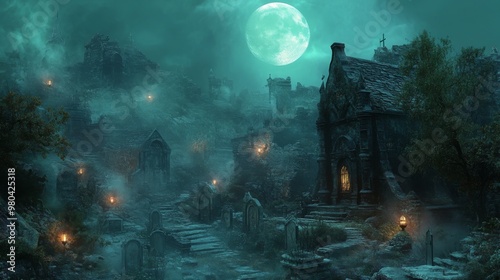 Haunted graveyard under a full moon with glowing lanterns on Halloween night