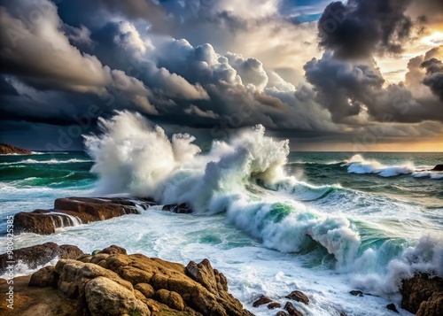 Dark stormy clouds gather over turbulent ocean waves, foamy whitecaps crashing against rocky shores as the intense tempest ravages the dramatic seascape.