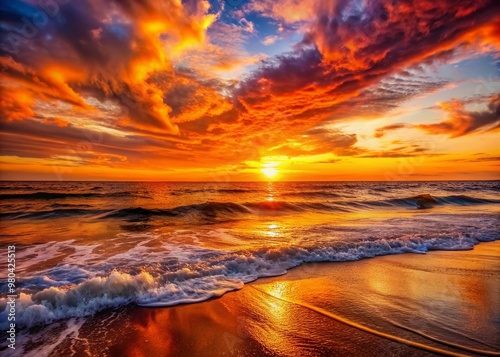 Vibrant orange hues illuminate the ocean's horizon as waves surrender to the shore, creating a serene and peaceful atmosphere in this stunning sunset scene. photo