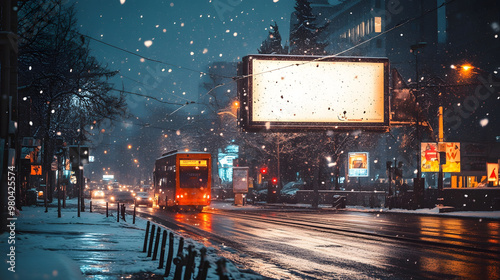 Blank white highway billboard mockup for advertising in snowy weather conditions photo