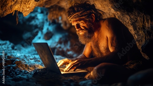 Primitive Tech: Caveman Embracing the Future with a Laptop in a Stone Age Cave