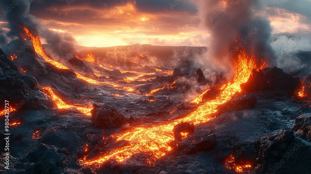 Molten Lava Flowing Through a Volcanic Landscape at Sunset Molten Lava Flowing Through a Volcanic Landscape at Sunset
