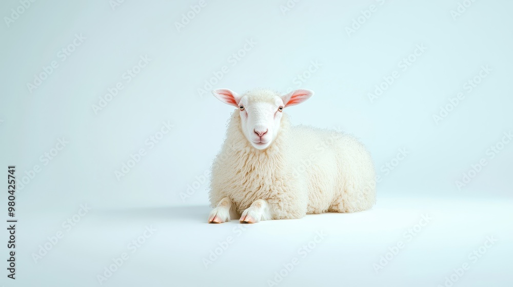 Fototapeta premium A fluffy white lamb grazes peacefully in a lush green meadow on a sunny summer day