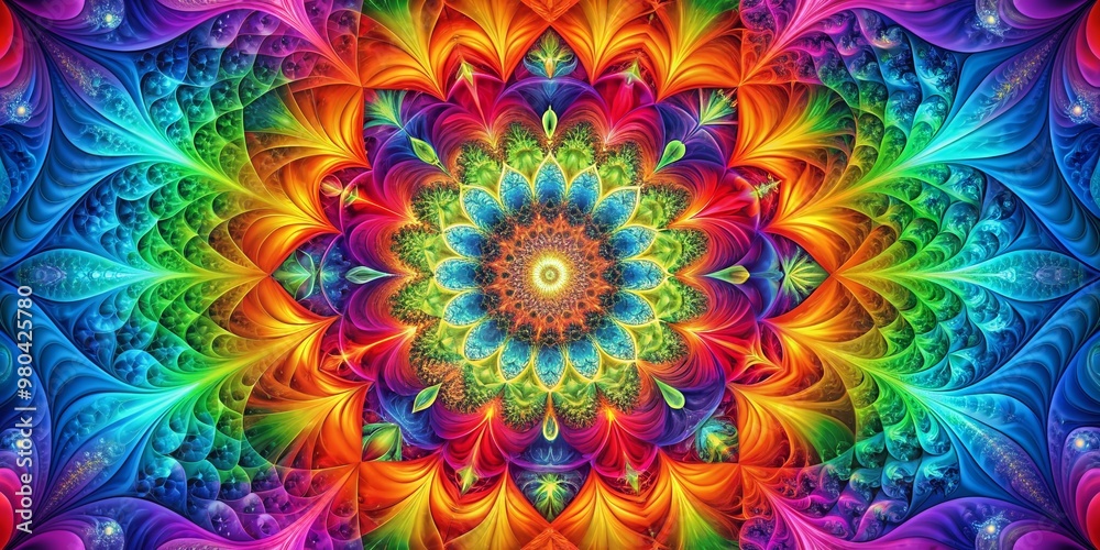 Vibrant abstract background featuring intricate geometric shapes in kaleidoscope of full color rainbow hues, swirling together in a mesmerizing and dynamic visual display. Vibrant abstract background featuring intricate geometric shapes in kaleidoscope of full color rainbow hues, swirling together in a mesmerizing and dynamic visual display.