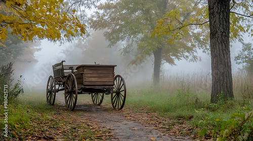 Wooden carriage covered in morning autumn mist. photo