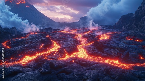 Molten Lava Flowing Across a Volcanic Landscape