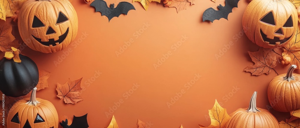 A festive Halloween arrangement with pumpkins, bats, and autumn leaves on a vibrant orange background for seasonal decoration A festive Halloween arrangement with pumpkins, bats, and autumn leaves on a vibrant orange background for seasonal decoration